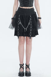 Jupe punk pour femme avec imprimé croix noire, sangles latérales à la taille, chaîne métallique détachable